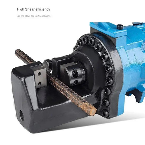 AOXHUGB Portable Electric Rebar Bender Cutter Machine With Powerful Copper Motor, 4-25mm Hydraulic Steel Bar Tool For Fast One Second Cutting, cutting mechanism with steel bar in place.