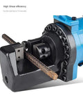 Close-up of Hella Awesome Electric Hydraulic Rebar Cutter For Steel Bars 4-25mm with steel bar ready for cutting.