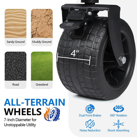 All-terrain wheel of Beast Mode Heavy Duty Double Decker Utility Wagon With 400L Upper Deck And 600Lbs Capacity 54 Inch Collapsible Cart