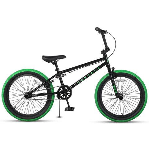 Freestyle BMX Bike For Kids 20 Inch Beginner Friendly Bicycle For Ages 7 To 13 With Durable Hi Ten Steel Frame Black With Green Tires