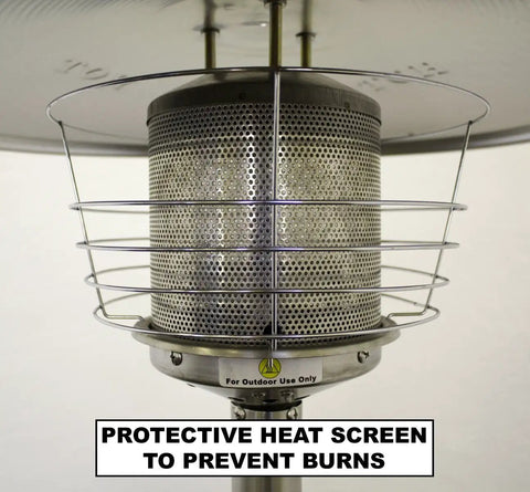 Close-up of protective heat screen on Portable Table Top Patio Heater With 11000 BTU Bronze Hammered Finish Propane Powered Using 1Lb Or 20Lb Tank Stable Weight Plate Perfect For Outdoor Evenings Easy Setup And Cozy Warmth Anywhere.