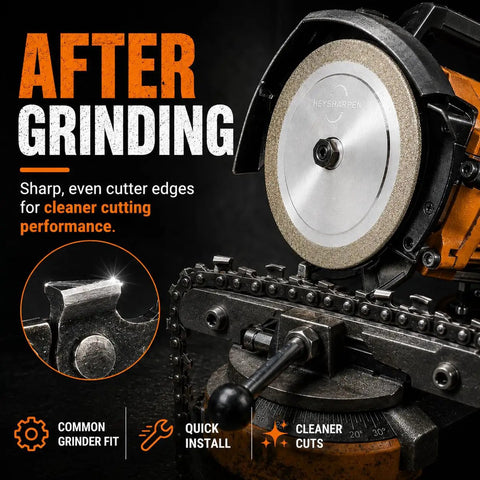 Pro Grade CBN Chainsaw Grinding Wheel 5 3/4 Inch Diameter 7/8 Inch Arbor 3/16 Inch Thick on grinder after sharpening.