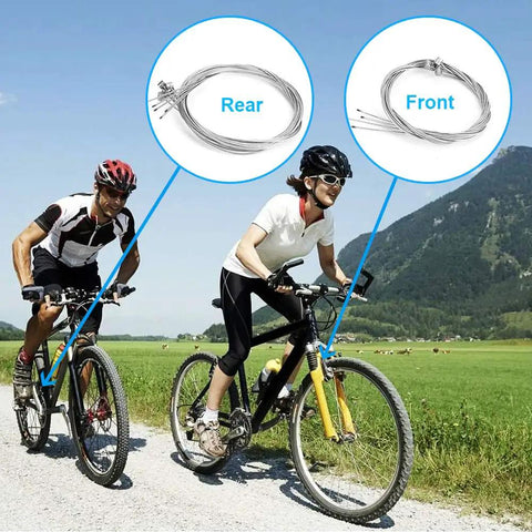 Bikers on a trail with Dope 10 Piece Bike Brake Cable Kit With End Caps And Ferrules For Mountain Bikes Zinc Coated Cables showcased.