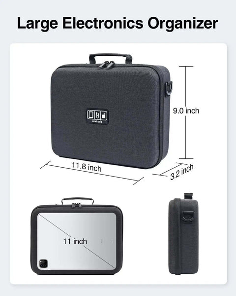 Large Electronic Organizer Travel Case With Hella Roomy Interior Rock Hard Shell Eva Protection For Chargers Cables And Tablets Up To 11 Inches, showing dimensions and design.
