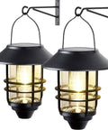 2 Pack Solar Lanterns Outdoor Hanging Lights For Porch Fence Yard Glass Metal Waterproof Dusk To Dawn Auto On Warm White LED Garden Lanterns With Wall Mount Bracket