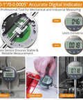 Digital Dial Indicator Gauge With Magnetic Base And Storage Case 0 To 1 Inch 25.4mm, displayed with conversion and application examples.