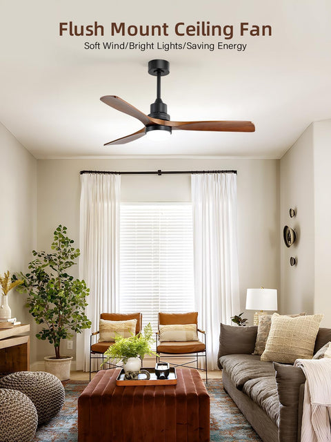 Modern living room with Dope 52 Inch Ceiling Fan With Lights And Remote Control, solid wood blades, bright soft lighting.