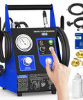Automatic brake fluid bleeder kit front view with blue frame, gauge, hoses, and 1L waste oil bottle