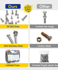798 Piece Stainless Steel Hex Bolts And Nuts Assortment Kit With Flat And Lock Washers Includes 1/4 20, 5/16 18, 3/8 16, 1/2 13 Bolts And Nuts In Lengths From 1/2 Inch To 2 1/2 Inches Heavy Duty Pro Grade Hardware Set For Home And Garage Projects. comparison showing 30 SAE sizes, 304 stainless steel, and labeled case