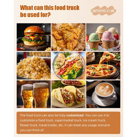 Custom Built Food Trailer With Flexible Layout Designed To Hit The Road For Busy Markets And Festival Vendor Lots Featuring Kickass Prep Space And Smooth Tow Setup For Hustling Grill Masters food items displayed, including burgers, ice cream, pizza, tacos, and drinks.