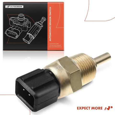 A-Premium engine coolant temperature sensor with brass threaded body and black 2-pin connector in orange and black packaging