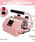 Pink 3-In-1 Tumbler Heat Press Machine with labeled parts and LCD controller for 16-40oz tumblers and 11-15oz mugs.