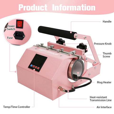 Pink 3-In-1 Tumbler Heat Press Machine with labeled parts and LCD controller for 16-40oz tumblers and 11-15oz mugs.