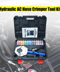 Hydraulic AC Hose Crimper Kit With 7 Die Set Manual Handheld Tool in open case, used for auto AC line repair.