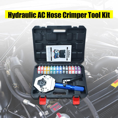 Hydraulic AC Hose Crimper Kit With 7 Die Set Manual Handheld Tool in open case, used for auto AC line repair.