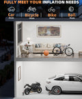 Multi-level house showing Portable Tire Inflator Air Compressor For Cars, Bikes, And More With 150 PSI in use for car, bike, ball