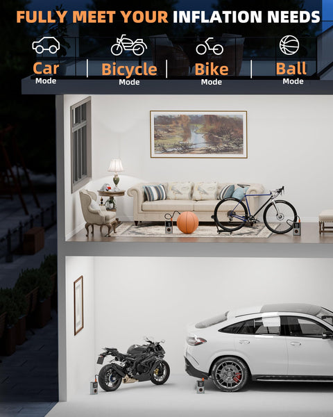 Multi-level house showing Portable Tire Inflator Air Compressor For Cars, Bikes, And More With 150 PSI in use for car, bike, ball