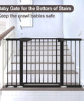 Extra Wide Baby Gate With Door For Stairs And Doorways, Pressure Mounted, Walk Through Swing Door, Adjustable, Black, Installed at Bottom of Stairs