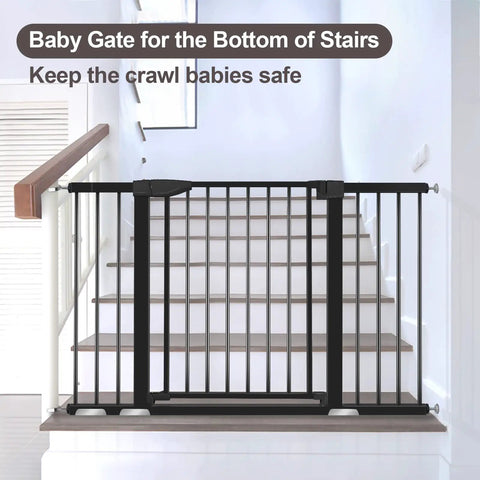Extra Wide Baby Gate With Door For Stairs And Doorways, Pressure Mounted, Walk Through Swing Door, Adjustable, Black, Installed at Bottom of Stairs