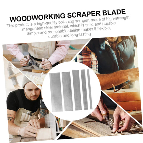 Heavy Duty Five Piece Manganese Steel Woodworking Scraper Kit For Cabinet Polishing And Furniture Scraping curved blades on display.