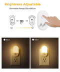 4 Pack Plug In Motion Sensor Night Light With 3000K Warm White showing dimmer adjustment 30 to 60 lumens glow on wall plug.