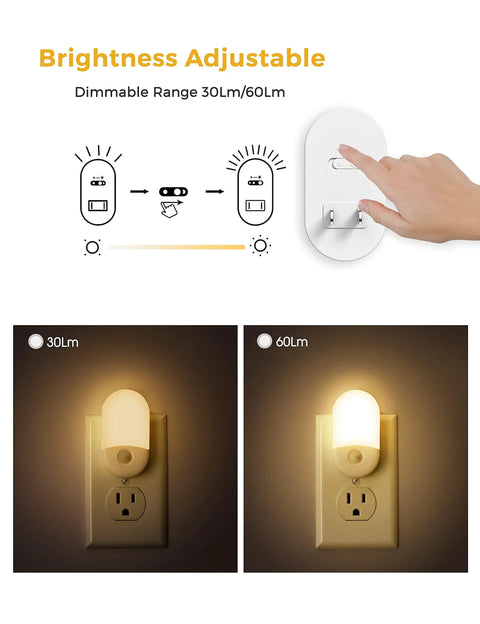 4 Pack Plug In Motion Sensor Night Light With 3000K Warm White showing dimmer adjustment 30 to 60 lumens glow on wall plug.