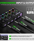 Compact 4 Channel Mini Audio Mixer with TS TRS inputs, stereo/mono switch, and output connections for home studio use