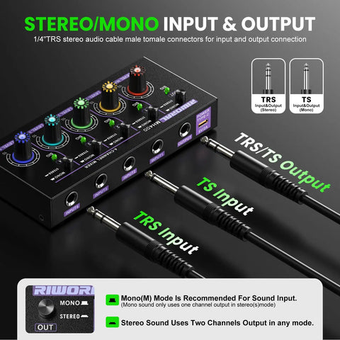 Compact 4 Channel Mini Audio Mixer with TS TRS inputs, stereo/mono switch, and output connections for home studio use