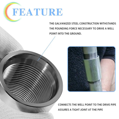 Five Pack 1-1/4 Inch Female Well Point Drive Couplings with galvanized steel construction and secure pipe connection