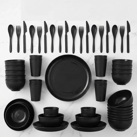Built Tough 36 Piece Wheat Straw Dinnerware Set For 6 No Fuss Unbreakable Bowls Plates And Cups Dishware Safe For Dishwasher And Microwave Ideal For Outdoor Camping Black, showing full set.