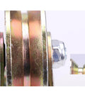 Close-up of Beefy Heavy Duty Sliding Gate Roller With Steel V Shaped Wheel Dual Bearing Track Rail Caster For Inverted Track