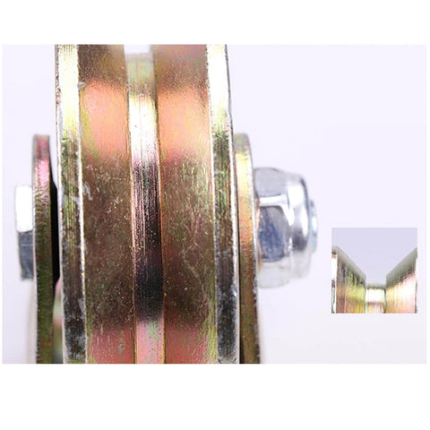 Close-up of Beefy Heavy Duty Sliding Gate Roller With Steel V Shaped Wheel Dual Bearing Track Rail Caster For Inverted Track