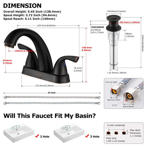 Two-Handle Bathroom Sink Faucet With Oil Rubbed Bronze Finish, Lead-Free Deck Mounted, shown with metal drain assembly and hose.