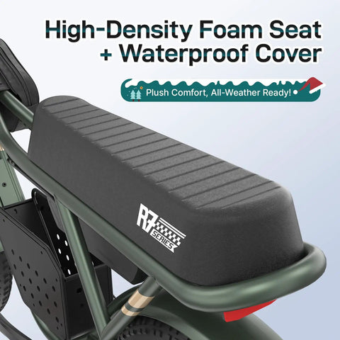All Terrain Electric Bike With 750W Motor padded seat and waterproof cover detail