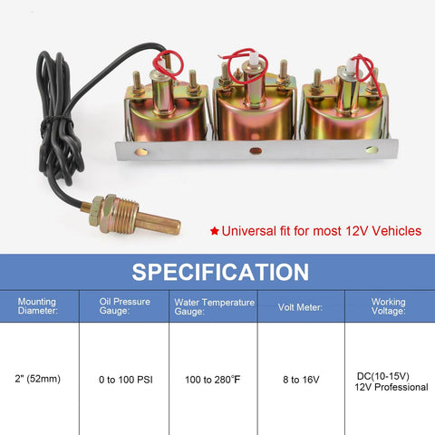 triple gauge car dash kit showing oil pressure, water temperature, and voltmeter gauges for easy installation on car and truck dashboards
