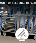 4 Inch Heavy Duty Cast Iron Caster Wheels set on loaded warehouse cart, showcasing 400 lbs per caster capacity for industrial use.