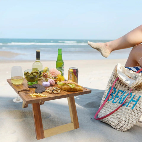 Portable Wine Picnic Table in Acacia Wood With Larger Foldable Tray Charcuterie Board Surface For Camping Glamping Concerts