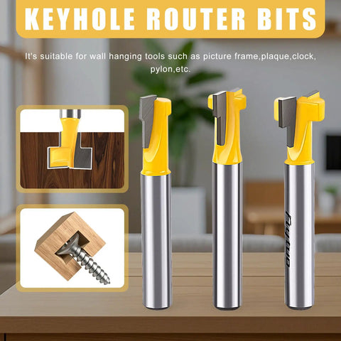 Three Pack Keyhole Router Bits Set With 1/4 Inch Shank Pro Grade Carbide T Slot Router Bits For Woodworking Includes 5/16 3/8 And 1/2 Inch Blade Diameters For Slotting Milling And T Track Projects displayed on table