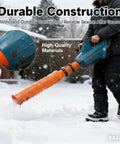 Person using Airflow Booster Turbo Extension for leaf blowers on snow, fits 2 to 4 inch nozzles, doubles air pressure, black 1PC