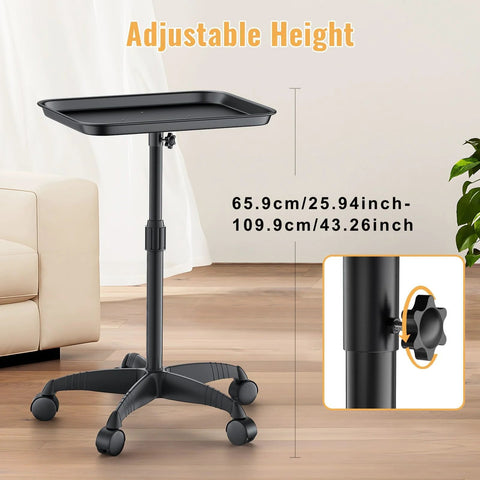Adjustable Height Rolling Salon Tray on Wheels with 360 Degree Mobility and Hair Resistant Swivel Casters in home setting.