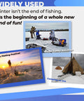 Collage of winter activities including fishing, featuring Heavy Duty Auger Adapter For K Drill Ice Augers 0.71 Inch Shaft To Clam Drill Plate Connector Fits Clam Plate Receiver And K Drill Includes Mounting Screws For Quick Strong Stable Attachment