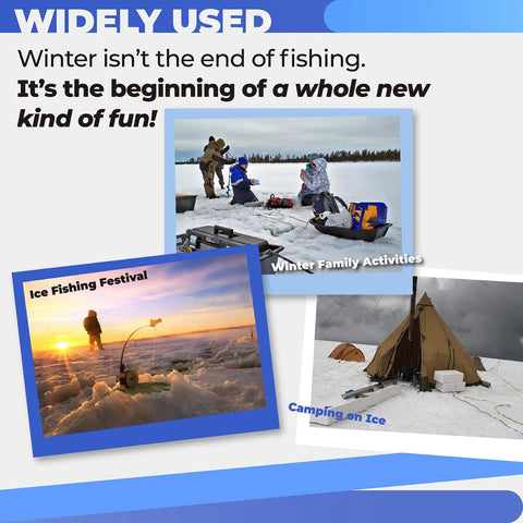 Collage of winter activities including fishing, featuring Heavy Duty Auger Adapter For K Drill Ice Augers 0.71 Inch Shaft To Clam Drill Plate Connector Fits Clam Plate Receiver And K Drill Includes Mounting Screws For Quick Strong Stable Attachment