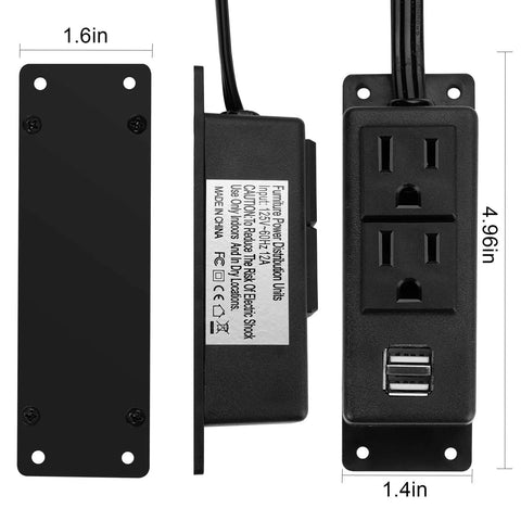 Mountable Power Strip With USB Ports And 2 AC Outlets, 6.56Ft Extension Cord, Ideal For Under Desk, Nightstand, Black