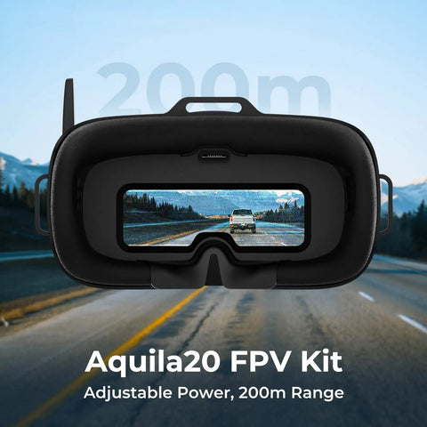 VR04 FPV goggles displaying a road view for Aquila20 FPV Kit With Altitude Hold For Stable Hover LiteRadio 4 SE Transmitter