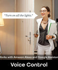 Professional using LUX Edison WiFi LED Smart Bulb to voice control lighting with Alexa and Google Home, entering room