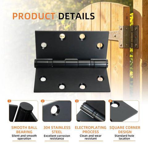 6-Pack Heavy Duty Black Commercial Door Hinges 4.5 By 4.5 Inches Thickened, 304 Stainless Steel With Electroplated Black Finish, Square Corner, Standard Hole Pattern, Built For High Traffic Doors, Durable Professional Grade Hardware on wood gate