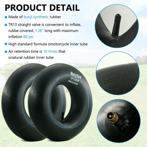 Product details for 2-Pack Universal 13x5.00-6 Inner Tubes With TR13 Straight Valve Stem, synthetic rubber material, air retention info