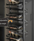 Slick Vertical Pull Out Shoe Rack Heavy Duty Metal Kickers Organizer With Staggered Sixteen Tiers and Smooth Glide Rails showing adjustable flip angle.