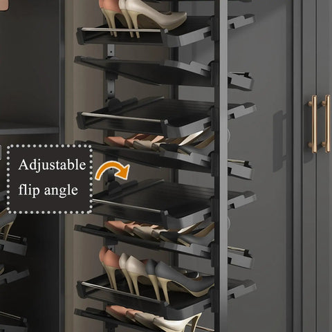 Slick Vertical Pull Out Shoe Rack Heavy Duty Metal Kickers Organizer With Staggered Sixteen Tiers and Smooth Glide Rails showing adjustable flip angle.