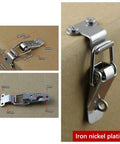 Stainless Steel 20 Pack Spring Loaded Draw Toggle Latch Clip Hasps For Rock Solid Secure Closures Quick Engagement 90 Degree Right Angle Lock Card And Duckbill Catch Design shown with measurements on cardboard
